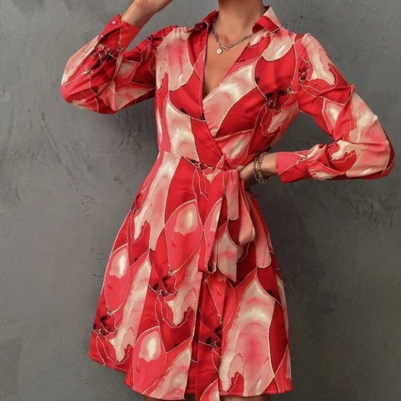 Allover Print Knot Side Wrap Long sleeve Dress red - Picture 4 of 7
